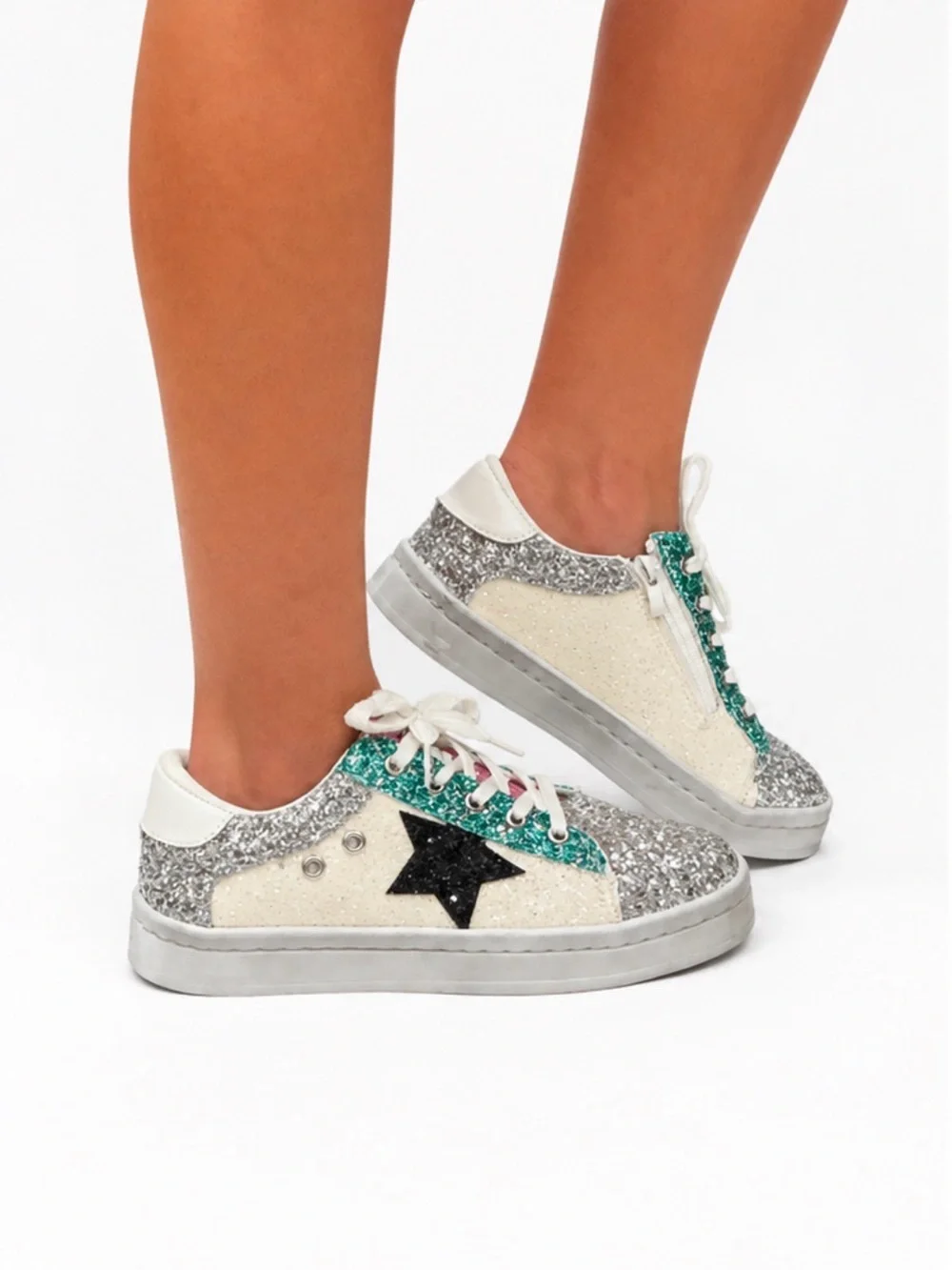 Lola + The Boys Glitter Star Sneakers in Silver, Green & Pink